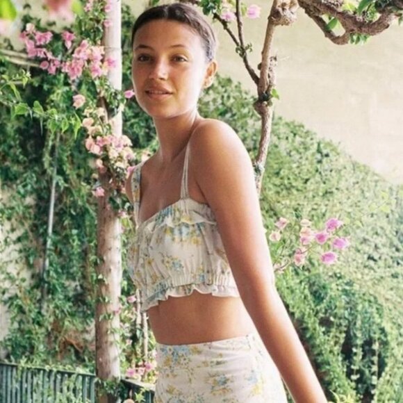 With Jean Floral Ruffle Crop Top‎ Size XS Avena Blue White Yellow Cotton Boho - Picture 3 of 12